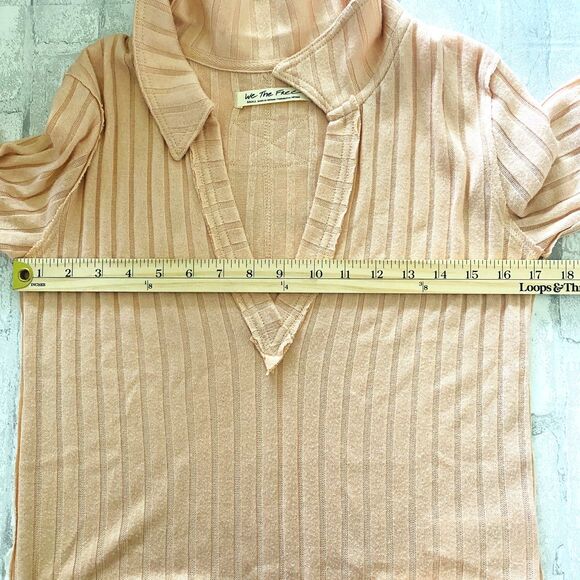 Free People We The Free Peach Krystal Ribbed Elbow Sleeve Collared Polo Shirt S - Picture 6 of 12